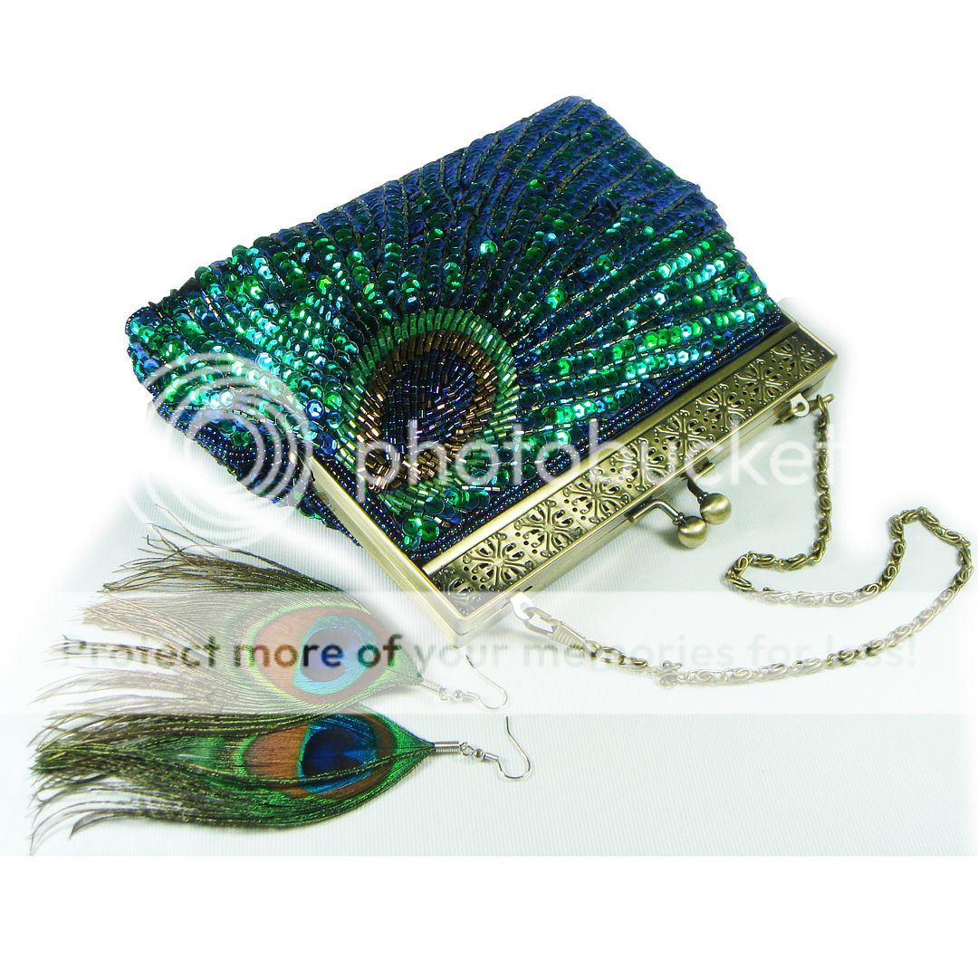 PEACOCK FEATHER STYLE BEADED EVENING CLUTCH BAG HANDBAG + free matching earrings eBay